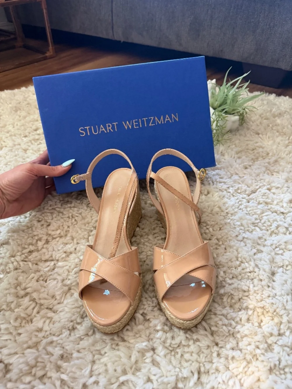 Patent leather wedge sandals NWT Stuart Weitzman Patent Nude/Tan Espadrille Wedg